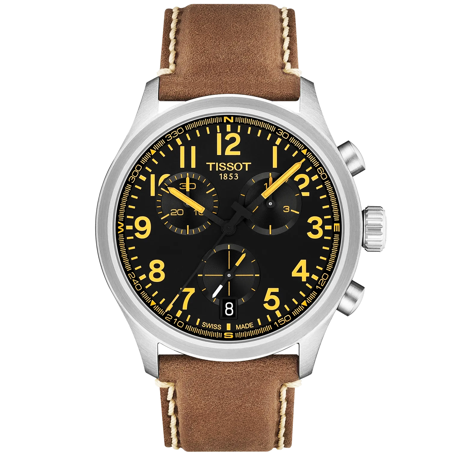 Chrono L 42mm Black Dial Brown Strap Watch