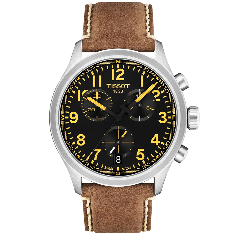 Chrono L 42mm Black Dial Brown Strap Watch
