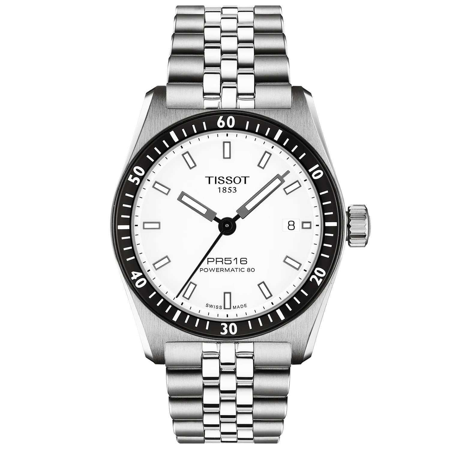 Tissot PR516 38mm White Dial Steel Bracelet Automatic Mens Watch - Berry's Jewellers