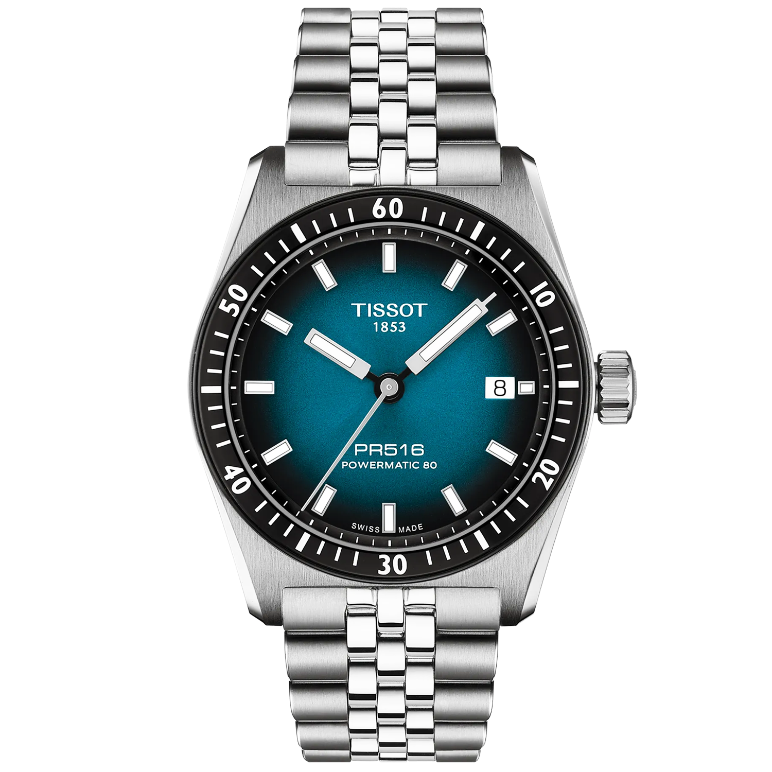 Tissot PR516 38mm Blue-Black Gradient Dial Steel Bracelet Mens Automatic Watch - Berry's Jewellers