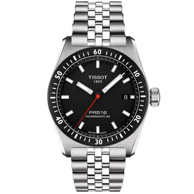 Tissot PR516 38mm Black Dial Steel Bracelet Automatic Mens Watch - Berry's Jewellers