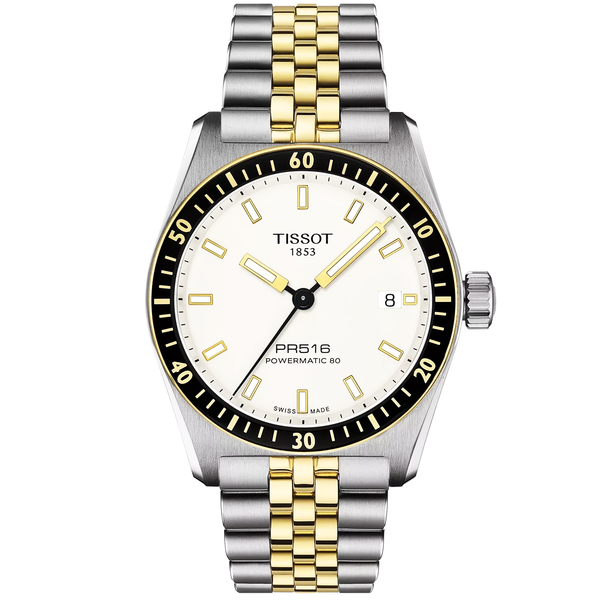 Tissot PR516 38mm White Dial Two-Tone Bracelet Automatic Mens Watch - Berry's Jewellers