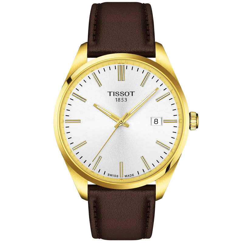PR 100 40mm Yellow Gold PVD Silver Dial Brown Strap Mens Watch