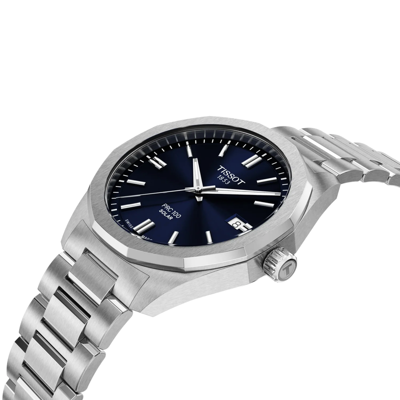 Tissot PRC 100 Solar 39mm Blue Dial Steel Bracelet Watch - Berry's Jewellers