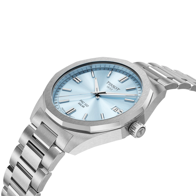 Tissot PRC 100 Solar 39mm Ice Blue Dial Steel Bracelet Mens Watch - Berry's Jewellers