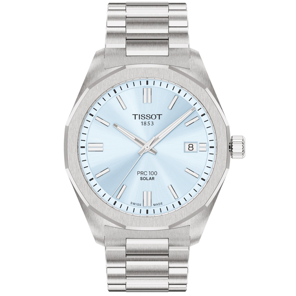 Tissot PRC 100 Solar 39mm Ice Blue Dial Steel Bracelet Mens Watch - Berry's Jewellers