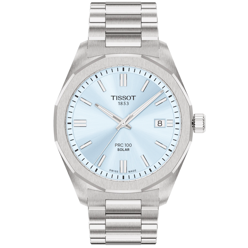 Tissot PRC 100 Solar 39mm Ice Blue Dial Steel Bracelet Mens Watch - Berry's Jewellers