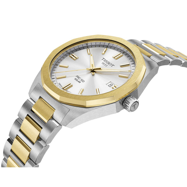Tissot PRC100 Solar 39mm Silver Dial Two-Tone Bracelet Mens Watch - Berry's Jewellers