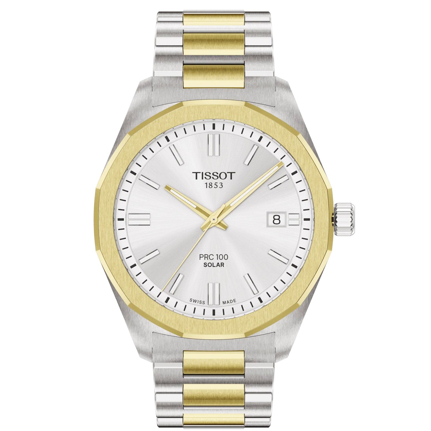 Tissot PRC100 Solar 39mm Silver Dial Two-Tone Bracelet Mens Watch - Berry's Jewellers
