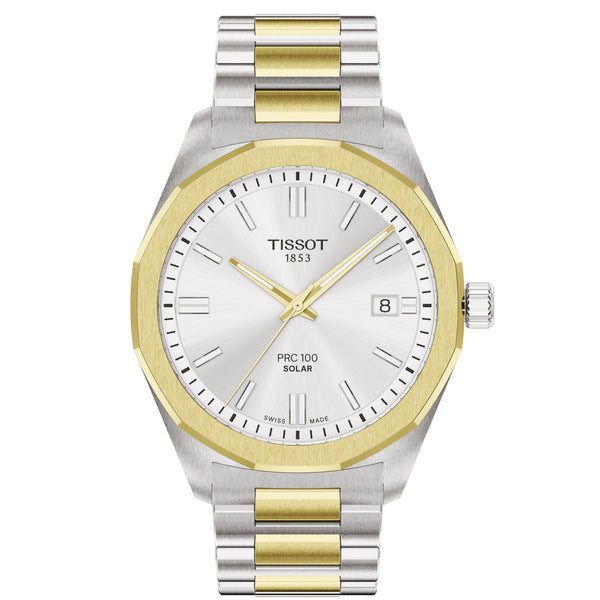 Tissot PRC100 Solar 39mm Silver Dial Two-Tone Bracelet Mens Watch - Berry's Jewellers