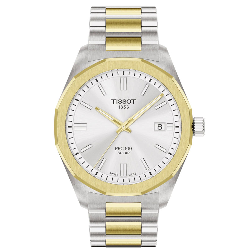 Tissot PRC100 Solar 39mm Silver Dial Two-Tone Bracelet Mens Watch - Berry's Jewellers