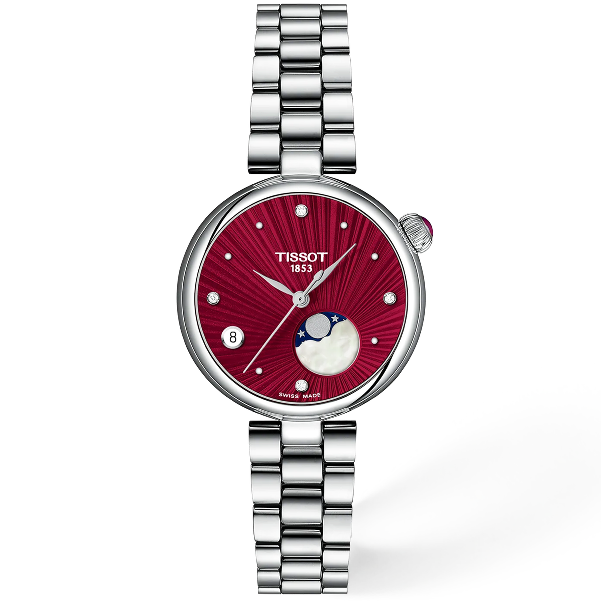 Tissot Desir 29.6mm Red Dial Moonphase Ladies Bracelet Watch - Berry's Jewellers