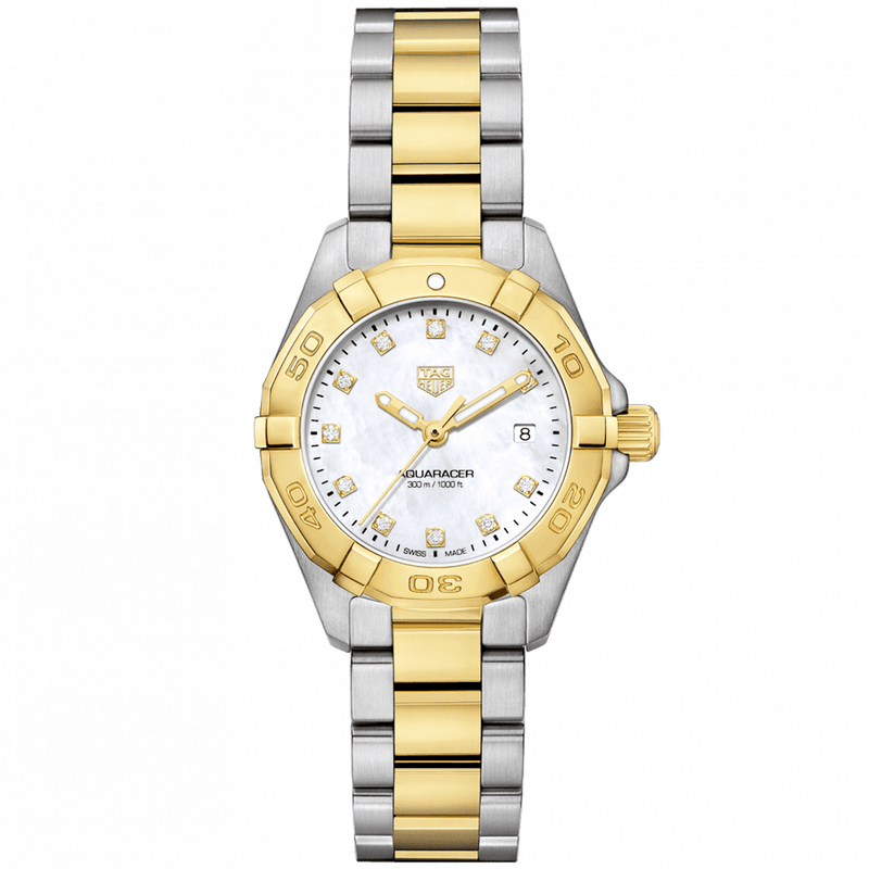 Aquaracer 27mm Two-Tone White Mother of Pearl Diamond Dial Watch