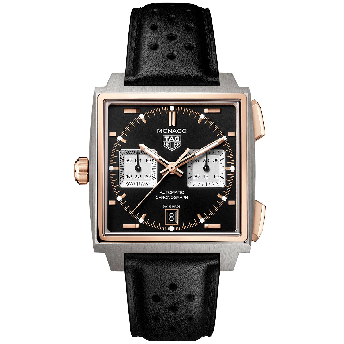 TAG Heuer Monaco Chronograph 39mm Titanium & 18ct Rose Gold Strap Watch - Berry's Jewellers