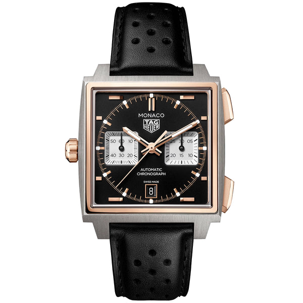 TAG Heuer Monaco Chronograph 39mm Titanium & 18ct Rose Gold Strap Watch - Berry's Jewellers