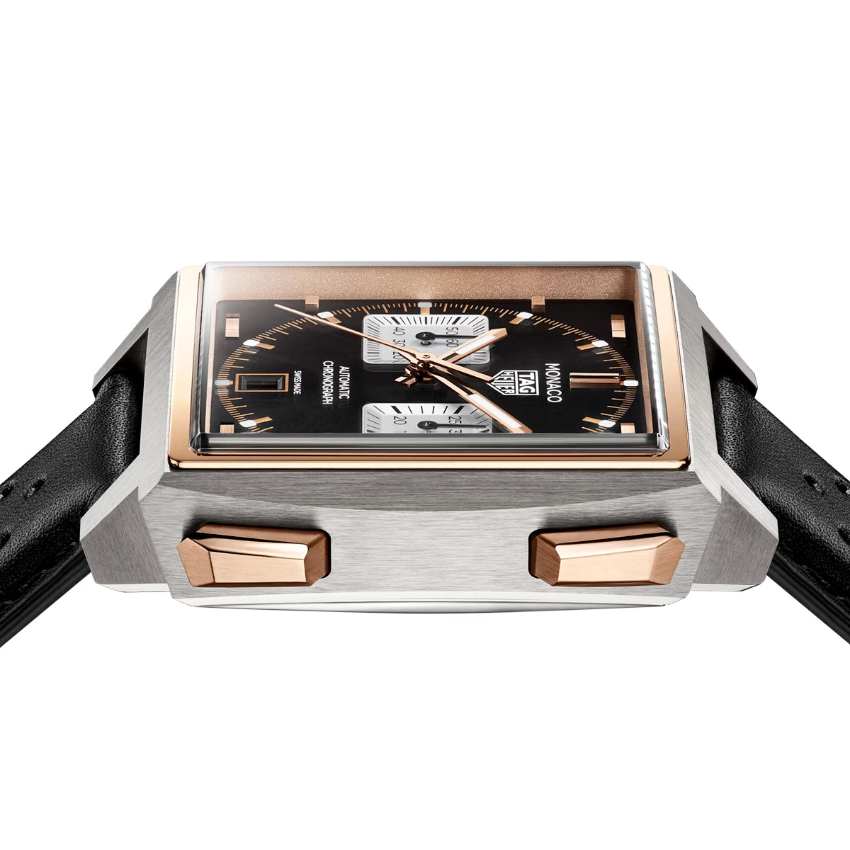 TAG Heuer Monaco Chronograph 39mm Titanium & 18ct Rose Gold Strap Watch - Berry's Jewellers