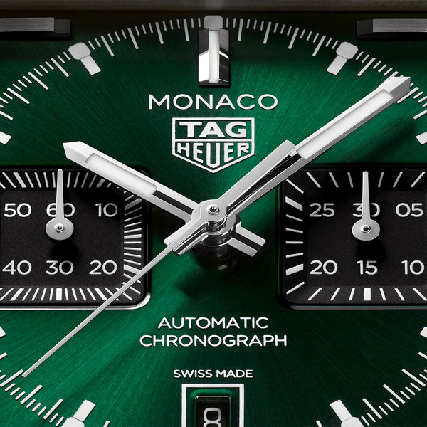 TAG Heuer Monaco Chronograph 39mm Titanium Green Dial Automatic Strap Watch - Berry's Jewellers