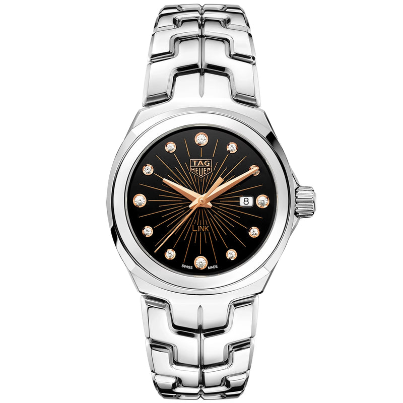 TAG Heuer Link Date 32mm Black & Rose Diamond Dial Ladies Bracelet Watch - Berry's Jewellers