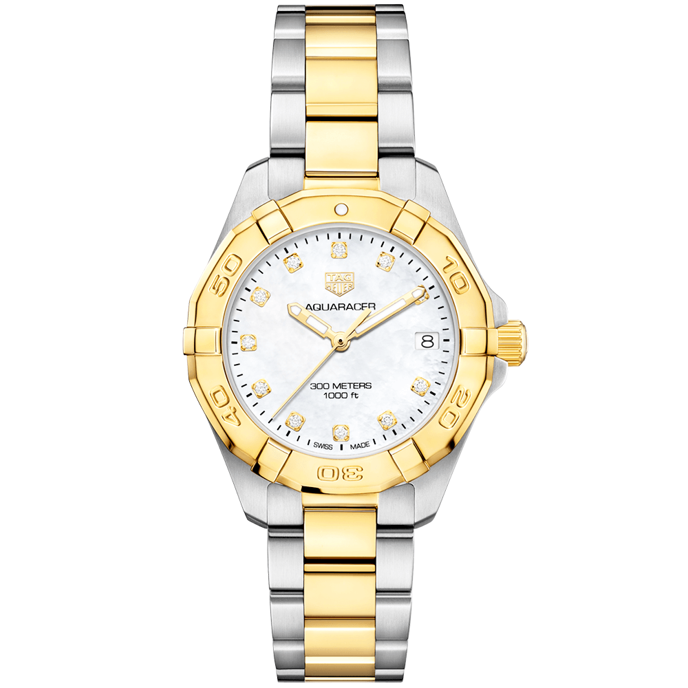 TAG Heuer Aquaracer 32mm Two-Tone White Mother of Pearl Diamond Dial Watch - Berry's Jewellers