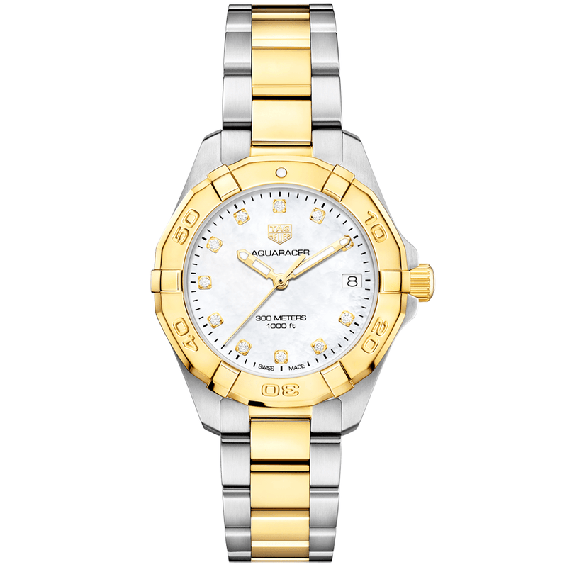 TAG Heuer Aquaracer 32mm Two-Tone White Mother of Pearl Diamond Dial Watch - Berry's Jewellers