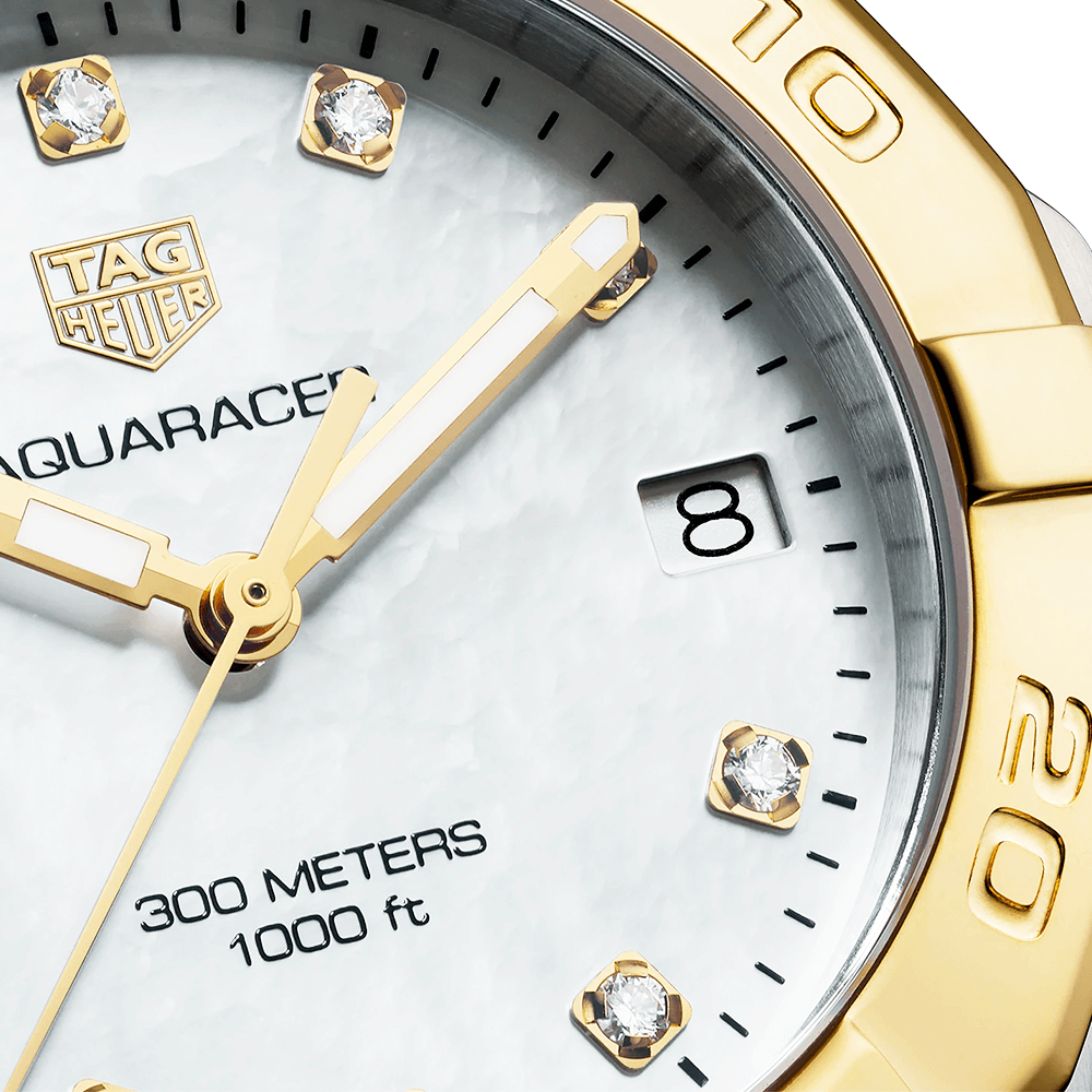 TAG Heuer Aquaracer 32mm Two-Tone White Mother of Pearl Diamond Dial Watch - Berry's Jewellers