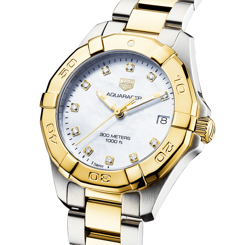 TAG Heuer Aquaracer 32mm Two-Tone White Mother of Pearl Diamond Dial Watch - Berry's Jewellers