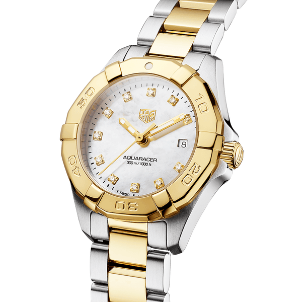 Aquaracer 27mm Two-Tone White Mother of Pearl Diamond Dial Watch