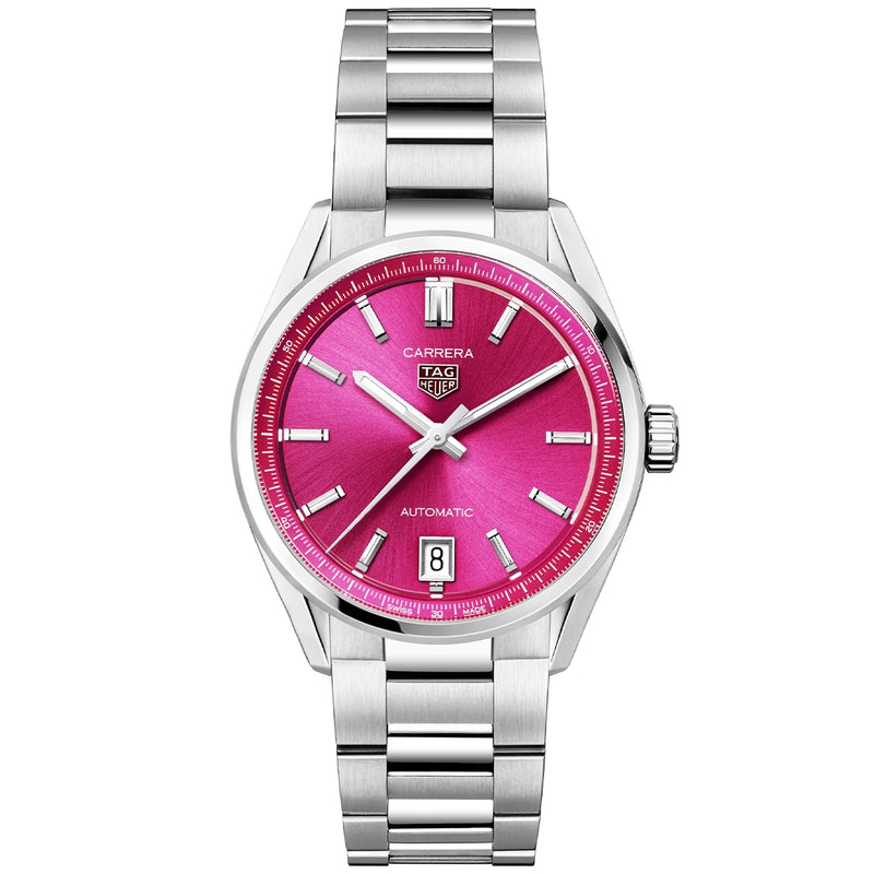TAG Heuer Carrera Date 36mm Vibrant Pink Index Dial Ladies Bracelet Watch - Berry's Jewellers