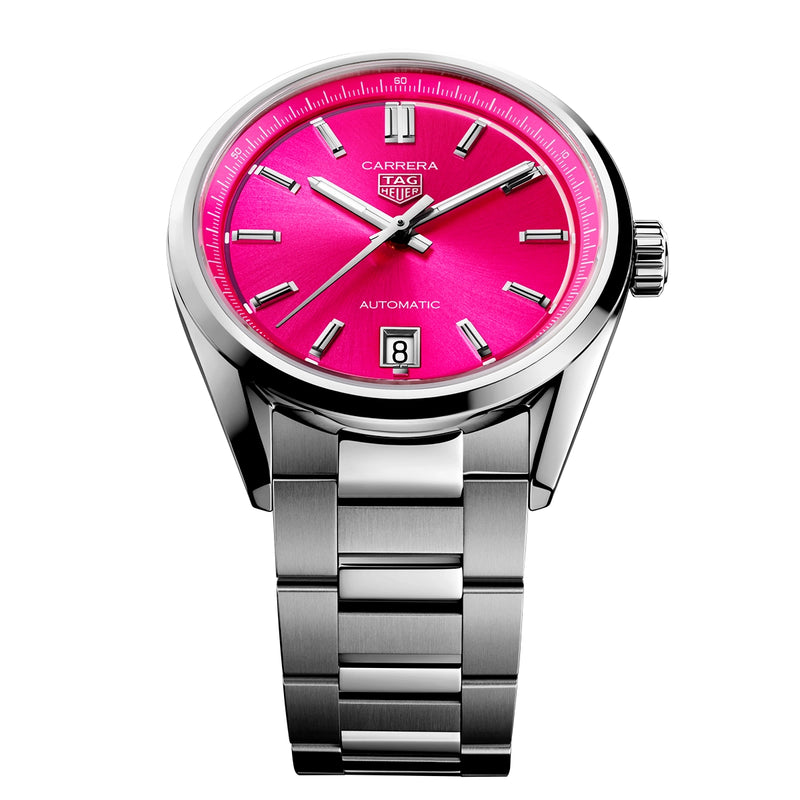 TAG Heuer Carrera Date 36mm Vibrant Pink Index Dial Ladies Bracelet Watch - Berry's Jewellers