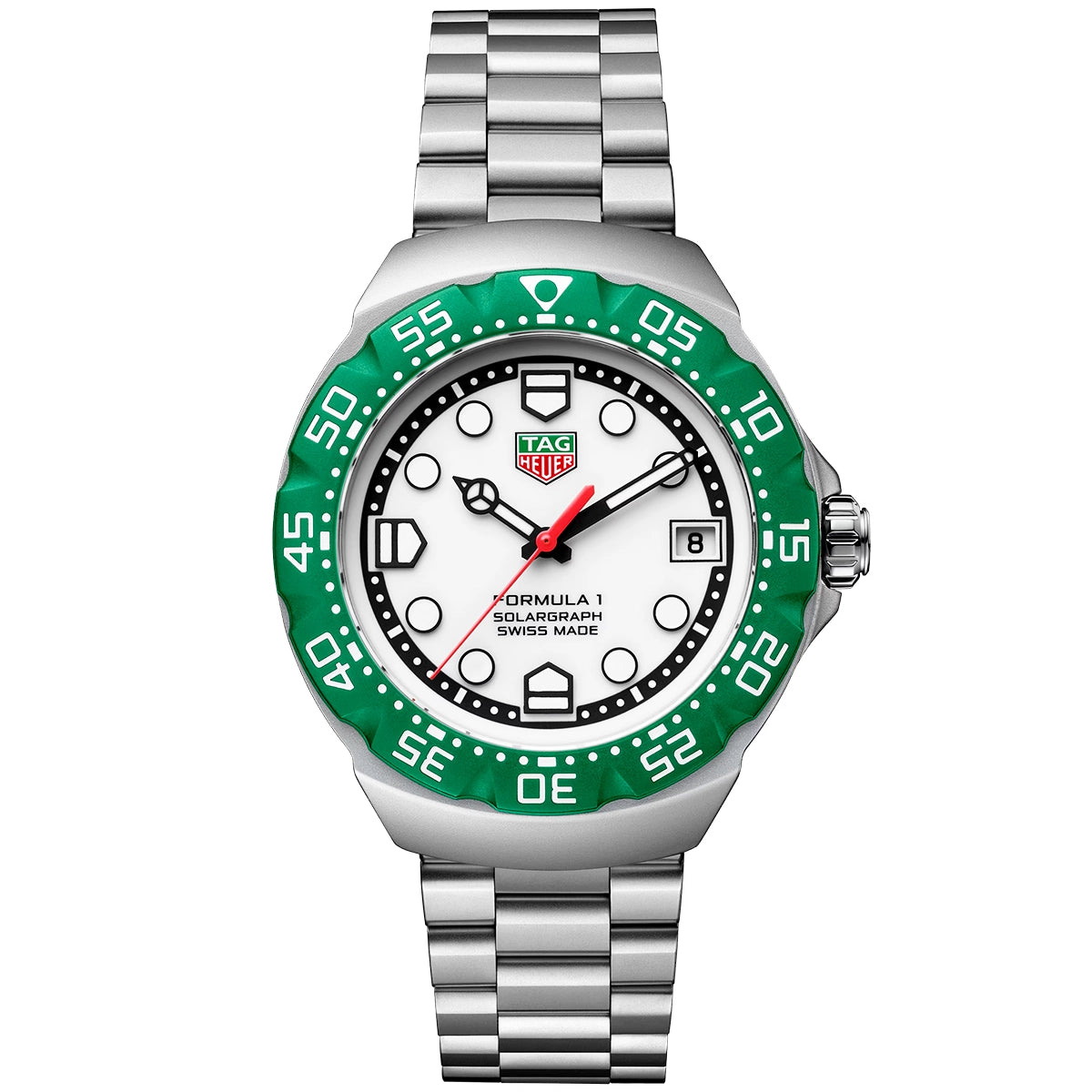 TAG Heuer Formula 1 Solargraph 38mm White Dial & Green Bezel Mens Watch - Berry's Jewellers