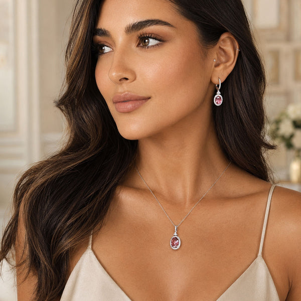 Pink Tourmaline Oval Cut Diamond Halo Pendant