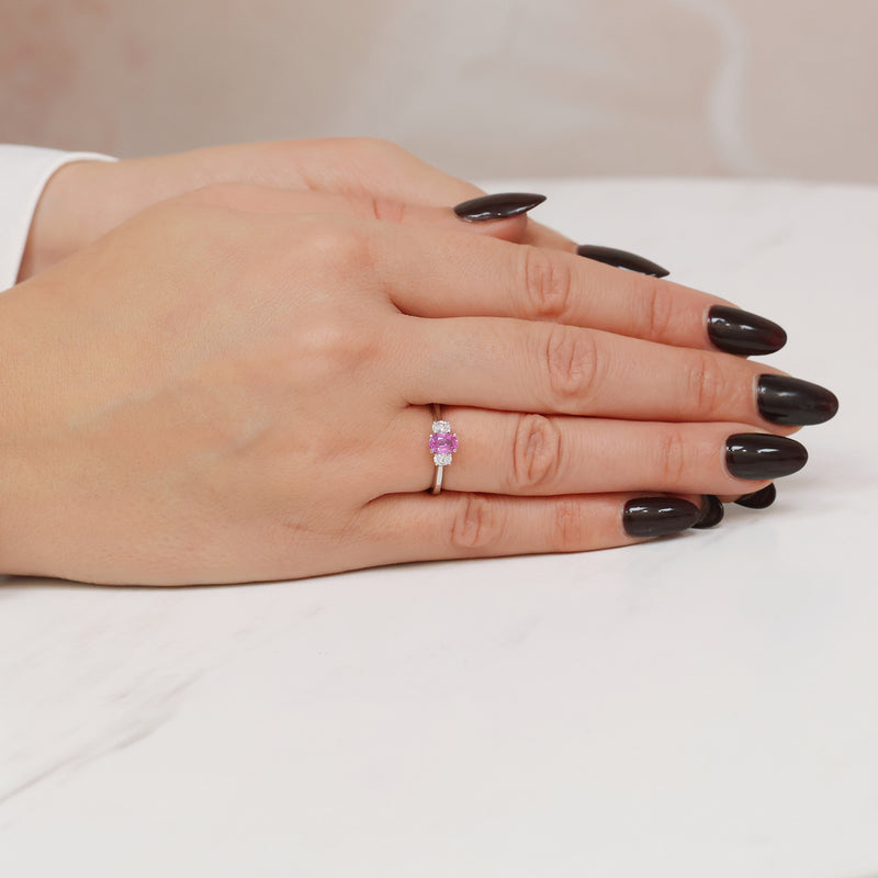 Berry's Platinum Oval Cut Pink Sapphire And Diamond Three Stone Ring - Berry's Jewellers