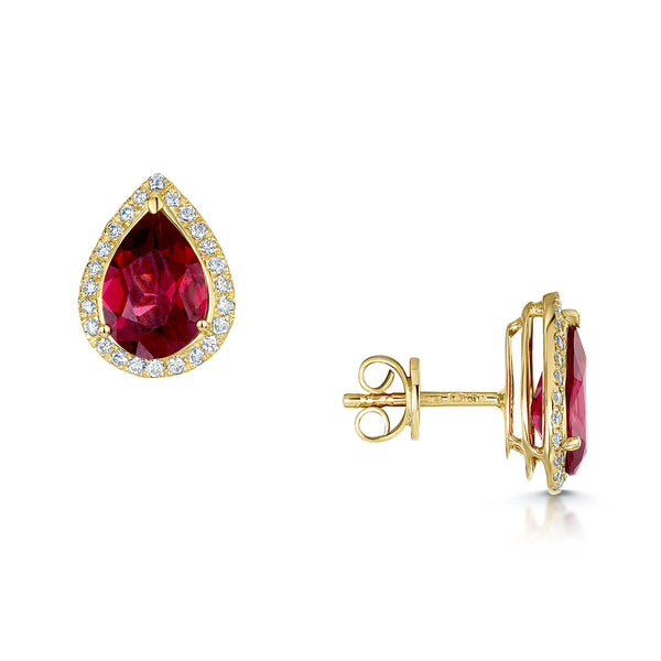 18ct Yellow Gold Pear Shape Rhodolite Garnet And Diamond Halo Stud Earrings