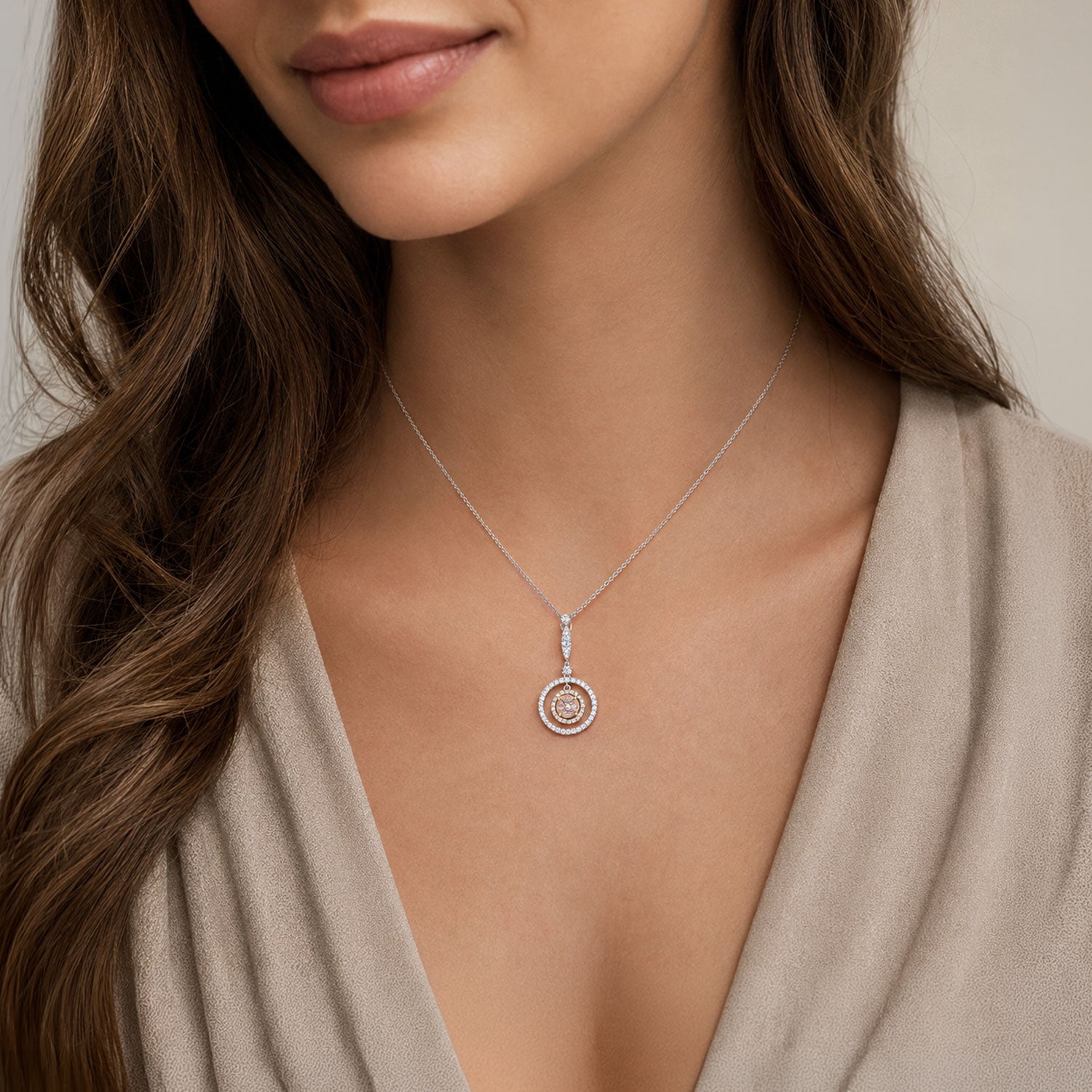 18ct White & Rose Gold Pink Diamond Pendant with Double Diamond Surround