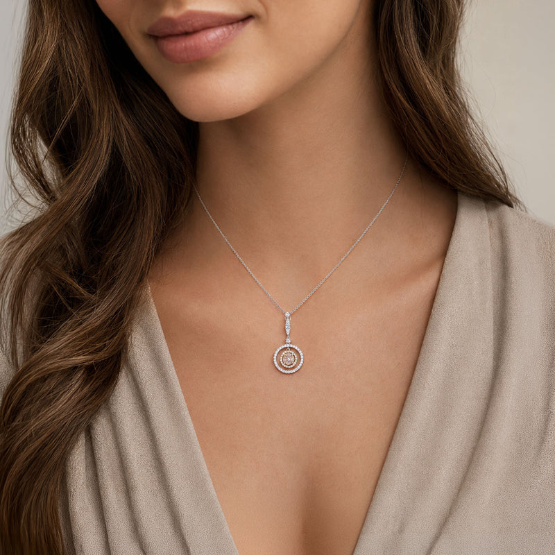 18ct White & Rose Gold Pink Diamond Pendant with Double Diamond Surround