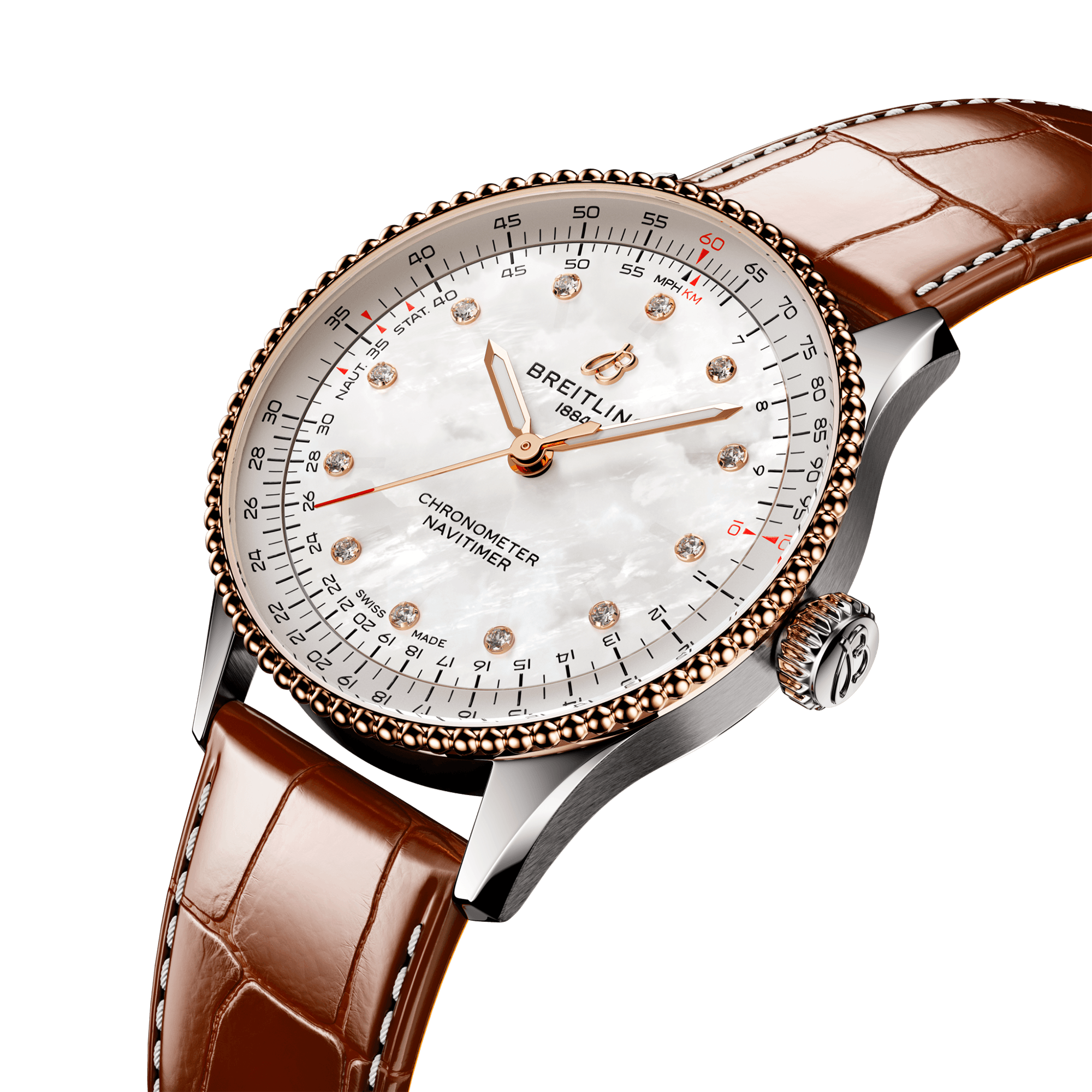 Navitimer 36mm Two-Tone White Mother of Pearl Diamond Dial Strap Watch