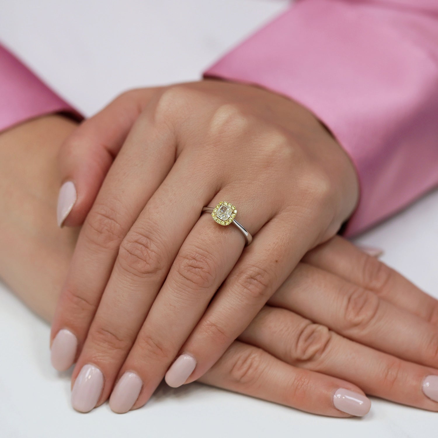 Berry's Platinum And 18ct Yellow Gold Cushion Shaped Yellow Diamond Halo Cluster Ring - Berry's Jewellers