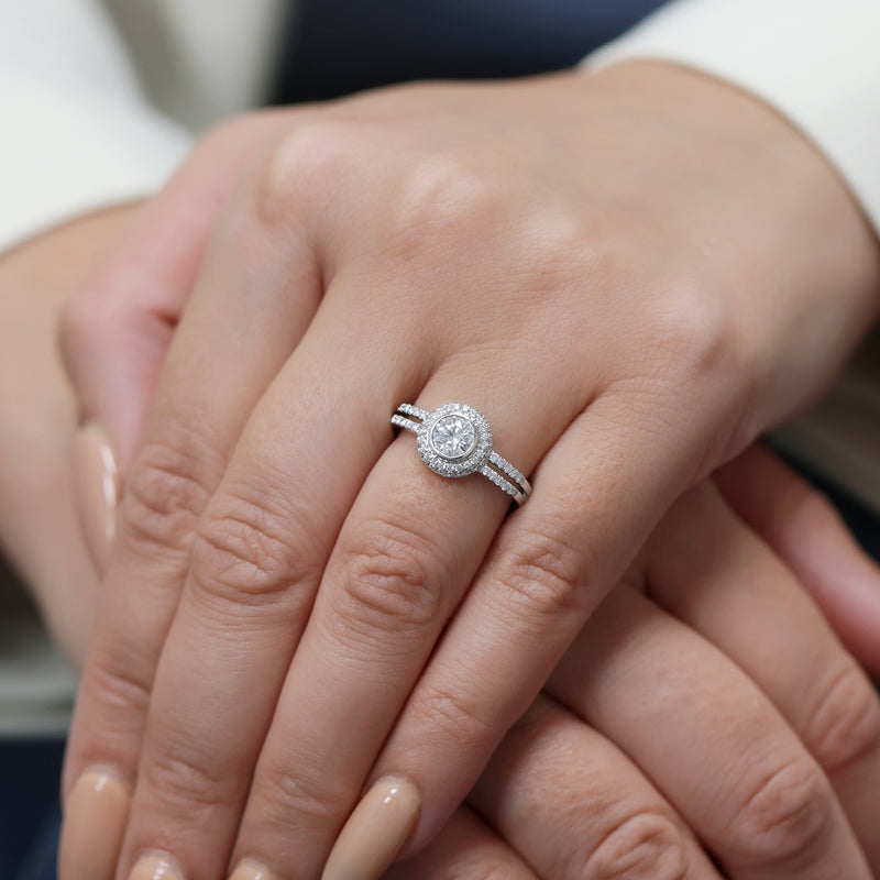 Berry's 18ct White Gold Round Brilliant Cut 0.58 Carat Diamond Rub Over Set Single Stone Ring With Pave Surround And Shoulders - Berry's Jewellers