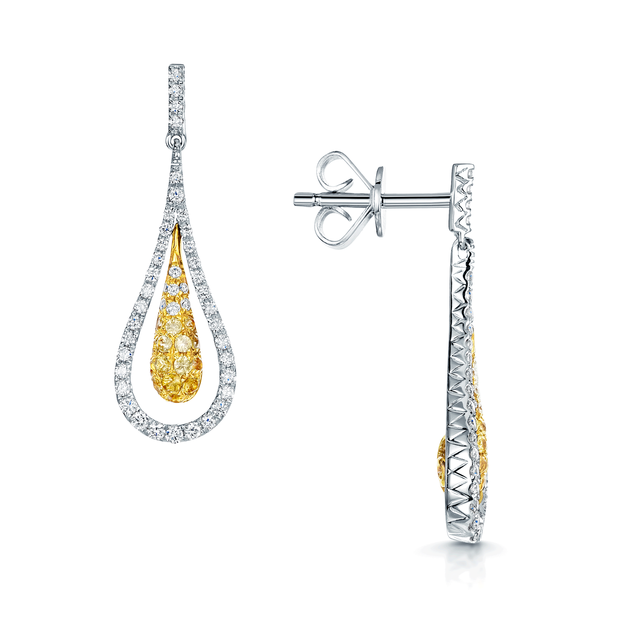 18ct White Gold Yellow Sapphire And Diamond Pave Set Teardrop Earrings