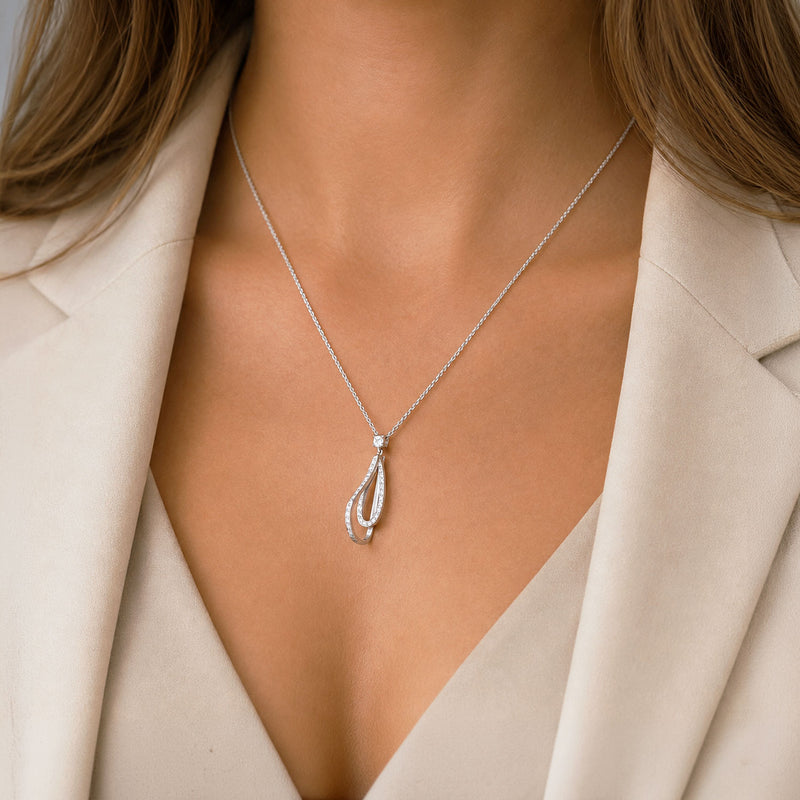 18ct White Gold Round Brilliant Cut Tear Drop Overlapping Pendant