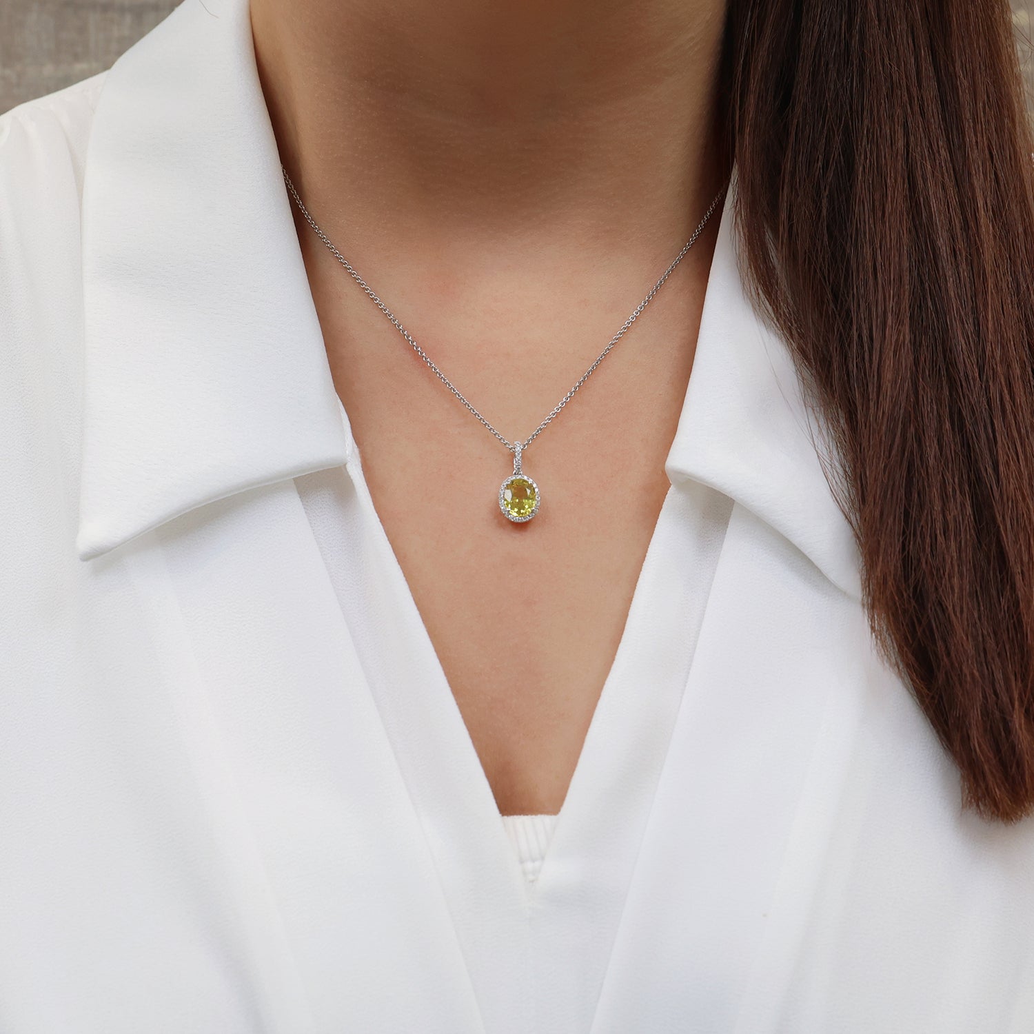 Berry's 18ct White Gold Oval Cut Yellow Sapphire Diamond Halo Pendant - Berry's Jewellers