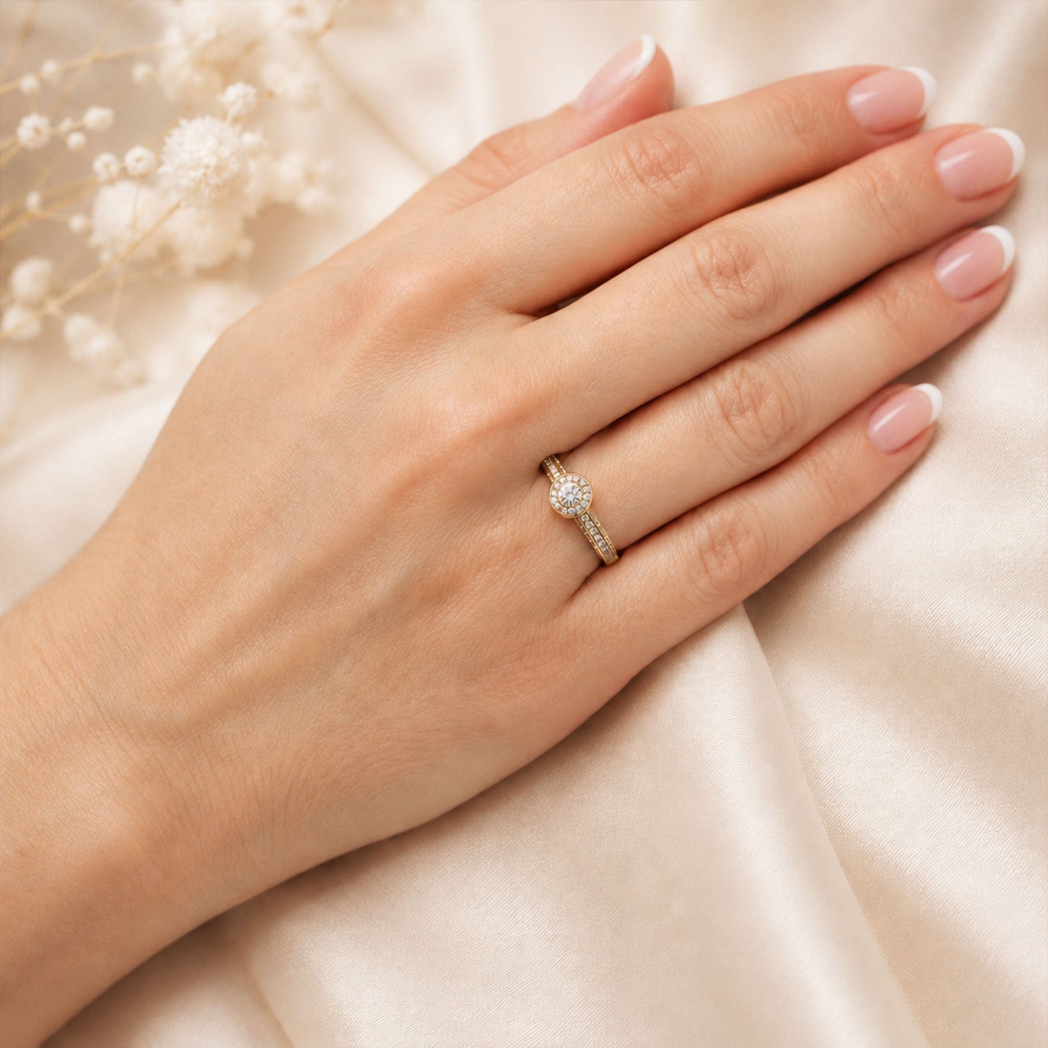 18ct Rose Gold Round Brilliant Cut Halo Diamond Ring With Diamond Set Shoulders