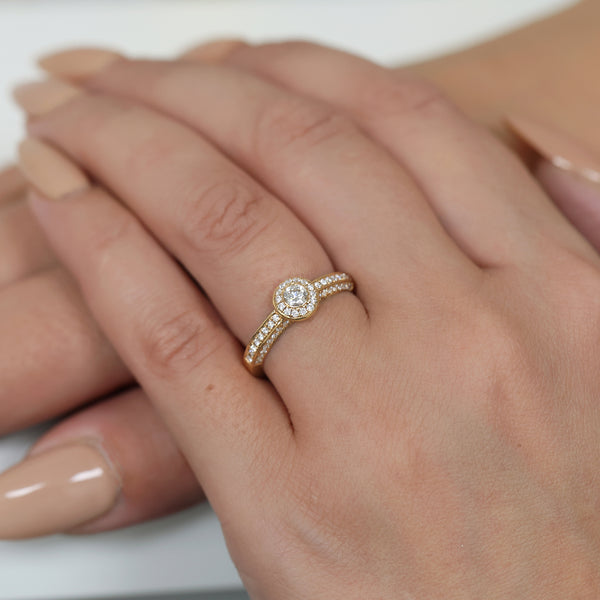 Berry's 18ct Rose Gold Round Brilliant Cut Halo Diamond Ring With Diamond Set Shoulders - Berry's Jewellers