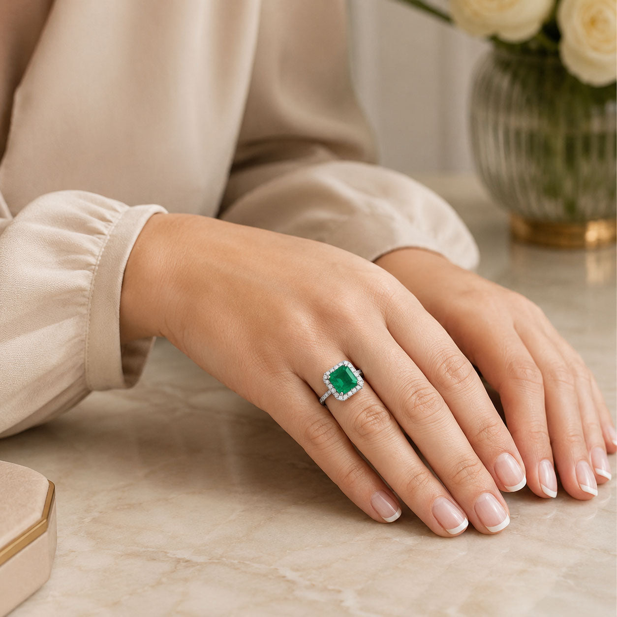 Platinum Square Cut Emerald And Round Brilliant Cut Diamond Cluster Ring