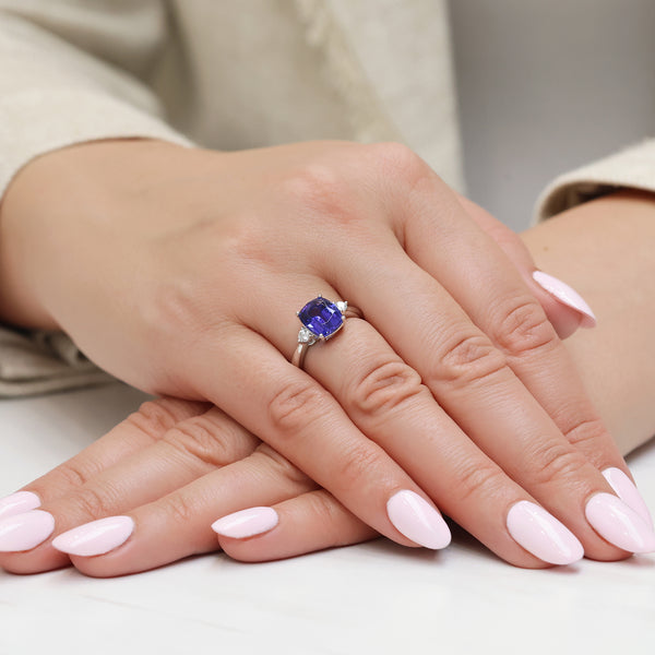 Berry's Platinum Cushion Cut Tanzanite And Diamond Three Stone Ring - Berry's Jewellers