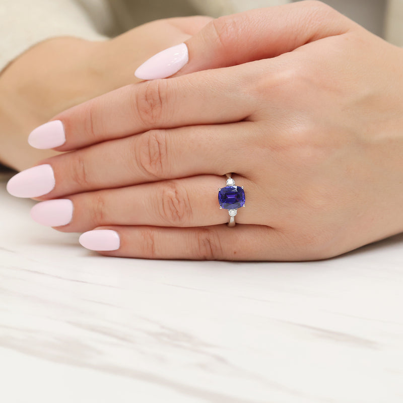 Berry's Platinum Cushion Cut Tanzanite And Diamond Three Stone Ring - Berry's Jewellers