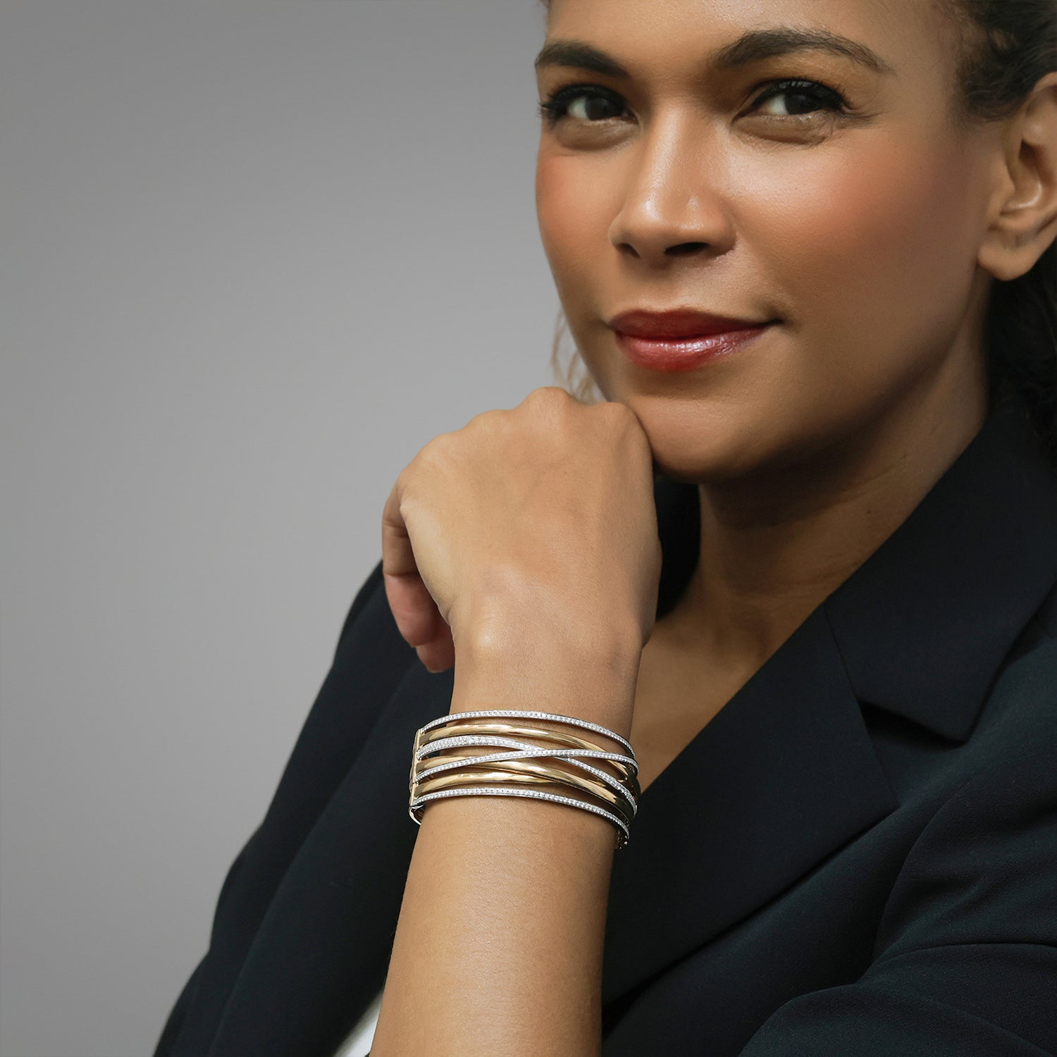 18ct Rose & White Gold Broad Seven Strand Pave & Polished Cross Over Hinged Bangle