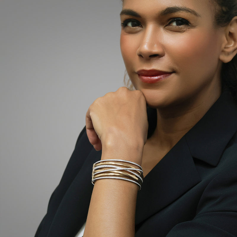 18ct Rose & White Gold Broad Seven Strand Pave & Polished Cross Over Hinged Bangle