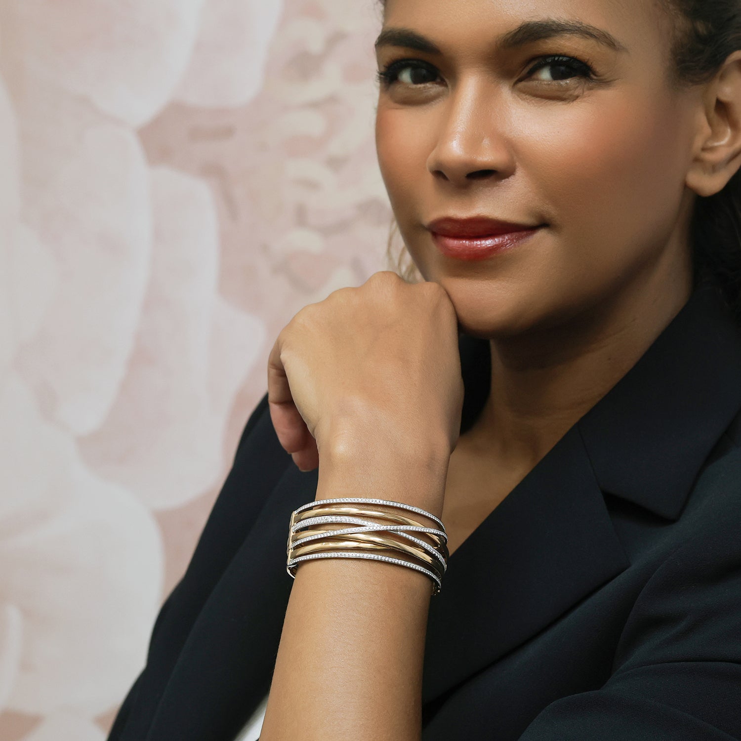 Berry's 18ct Rose & White Gold Broad Seven Strand Pave & Polished Cross Over Hinged Bangle - Berry's Jewellers