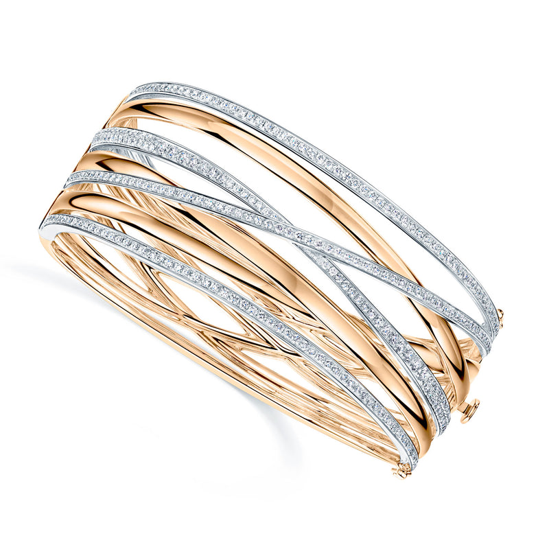 Berry's 18ct Rose & White Gold Broad Seven Strand Pave & Polished Cross Over Hinged Bangle - Berry's Jewellers